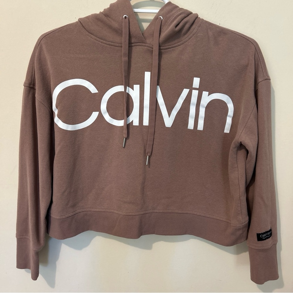 Calvin Klein Pullover Hoodie Women’s Medium M Brown Logo Text Oversized Cropped